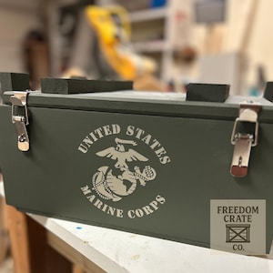 Wooden Ammo Storage Box – U.S. Marine Corp Edition | OD Green | Military Star | “No Better Friend No Worse Enemy” Stencil | Sliding Tray