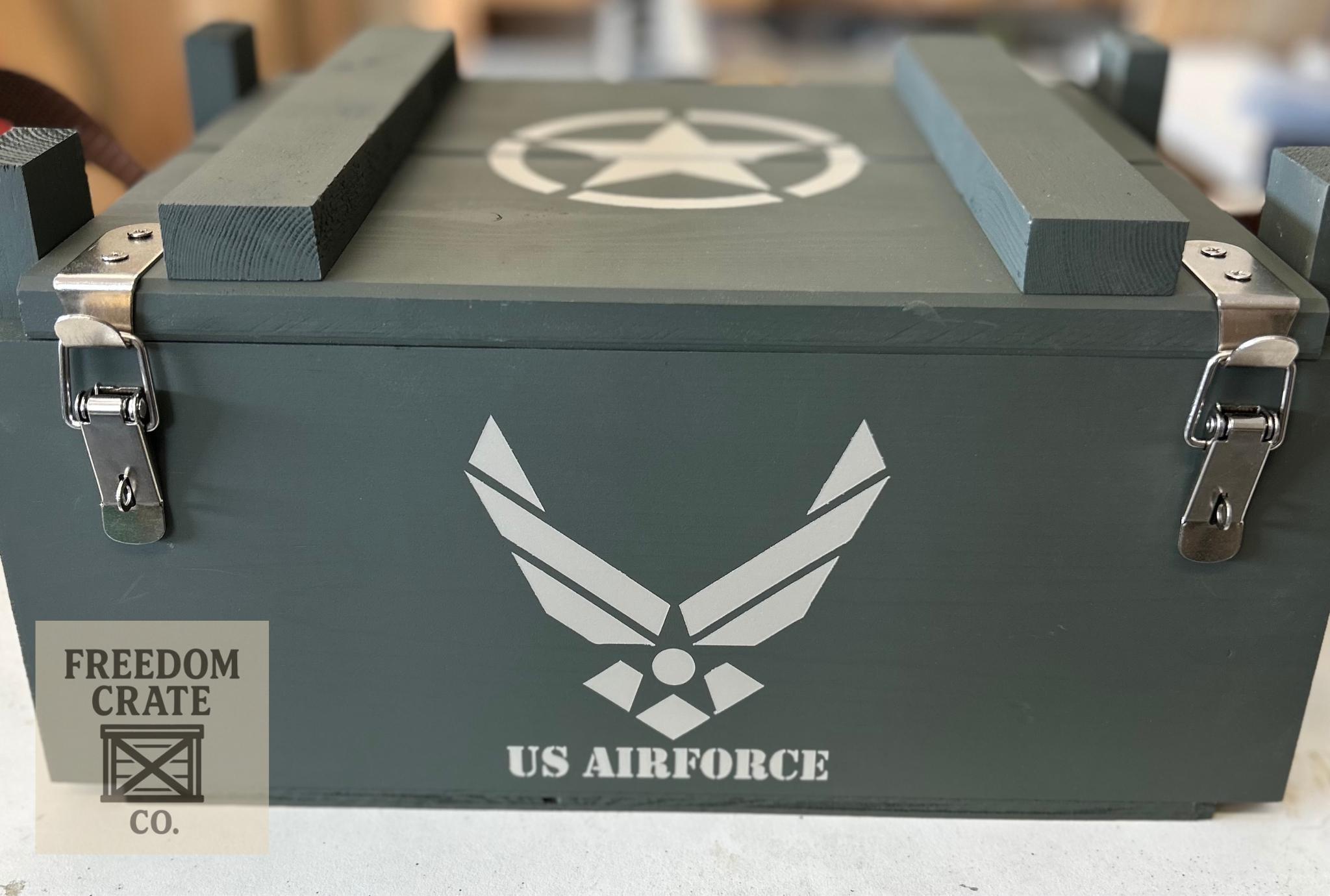 Wooden Ammo Storage Box – U.S. Air Force Edition | OD Green | Military Star | “Death From Above” Lid Stencil | Sliding Tray