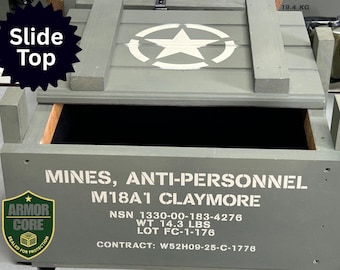 M18A1 Claymore Wooden Crate | Armor Core Interior | Military-Style Slide-Top Storage Box | Handcrafted Army Decor