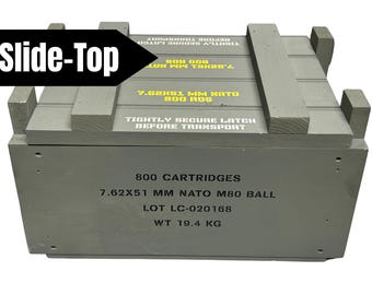 308 / 7.62x51 NATO Ammo Crate Slide Top | Military Ammo Box | Wood Storage Crate | Veteran Gift | Range Gear
