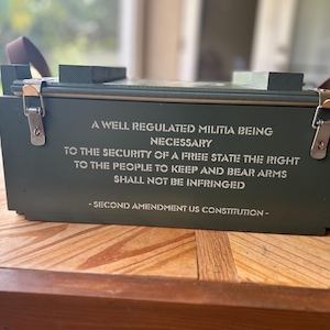 Patriot Ammo Crate – Wooden Ammo Box with Founding Fathers’ Quotes, Stenciled Design