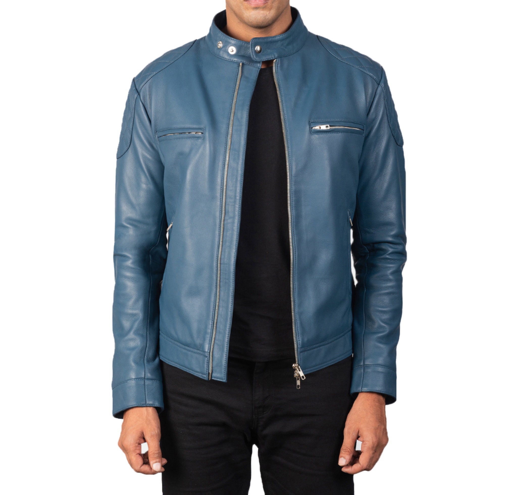 Men s Classic Slim Fit Leather Jacket stained Blue Ionic Blue Leather Biker Jacket Etsy Ireland