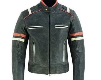 Men’s Distressed Orange & Crème Stripes Leather Jacket | Vintage Café Racer Biker Retro Moto Distressed Leather Jacket.