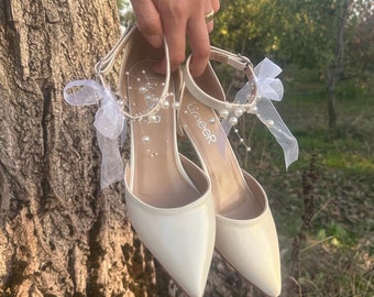 Women’s Wedding Shoes, White Wedding Shoes, Bride Shoes For Wedding, ivory white, pearl Detailed, Block Heel, Tulle, Pearl Ankle Strap, 5 cm