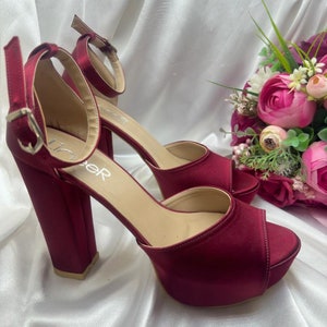 Women’s wedding shoes- Red Shoes- Burgundy Color- Satin- 12 cm Block Heel- Bride Shoes- Wedding Heels- Block Heel- Comfortable Shoes