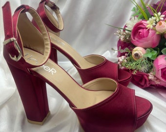 Women’s wedding shoes- Red Shoes- Burgundy ColorSatin- 12 cm Block Heel, Bride Shoes- Wedding Heels, Block Heel,- Comfortable Shoes