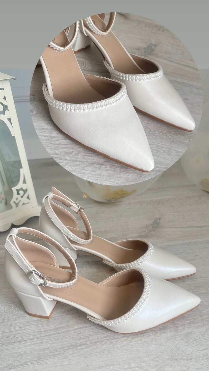 Women's Wedding Shoes White Pointed Toe High Heel Buckle Bridal Shoes with Pearl