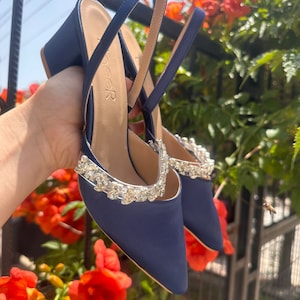 Navy Blue Women Shoe,Wedding Shoe,Satin Navy Blue Shoe,Stone Navy Blue Shoe,Blue Short Heel Wedding Shoe,Satin Stone Blue Shoe,Bridal Shoes