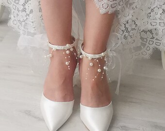 Women’s Wedding Shoes, White Wedding Shoes, Bride Shoes For Wedding, Ivory white, Pearl Detailed, Block Heel, Tulle, Pearl Ankle Strap, 7 cm