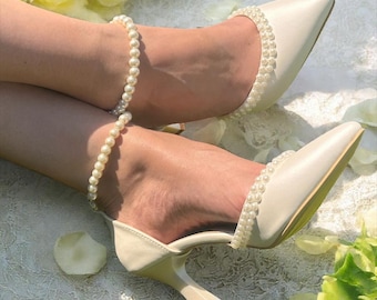 Handmade Ivory Pearl Wedding Shoes – Block Heel Ankle Strap