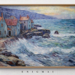 Printable Coastal Sea Landscape Oil Painting, Vintage Sea, Country Antique Oil Painting, 1900s Expressionism Art #30
