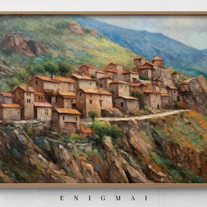 Printable Mountain Landscape Oil Painting, Rustic Vintage Artwork, Art Decor Scenery Collection, 1900s Post-Impressionist, Old Town #26