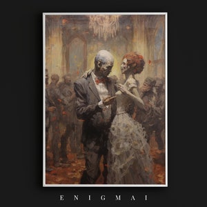 Couple Dancing, Halloween Decor, Skeleton Party in Haunted Ballroom Dance Print, Romantic Muted Neutral Moody Print, Halloween Printable #55