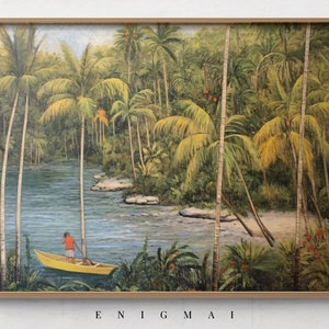 Printable Beach Landscape Oil Painting, Rustic Vintage Artwork, Art Decor Collection, 2000s Contemporary Style, Warm Tropical Colors #33