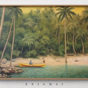 Printable Beach Landscape Oil Painting, Rustic Vintage Artwork, Art Decor Collection, 2000s Contemporary Style, Warm Tropical Colors #34