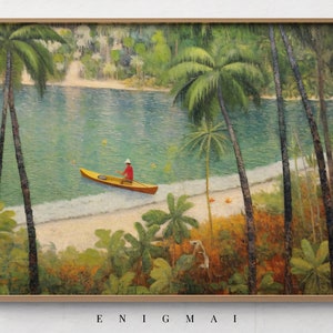 Printable Beach Landscape Oil Painting, Rustic Vintage Artwork, Art Decor Collection, 2000s Contemporary Style, Warm Tropical Colors #32