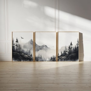 Set of 3 Mountain WallArt, Artful Mountain Prints, Nature Wall Art, Mountain Black & White, Landscape Bundle, Digital Printed Art, Arte Gift