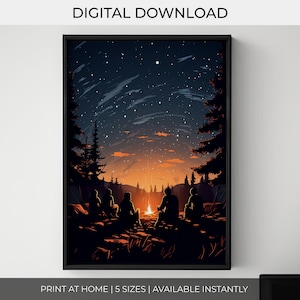 Lagerfeuer Wandkunst | Digitaler Download Druck | Freunde unter Sternenhimmel | Natur Camping Druckbare Wanddeko | Portrait Poster