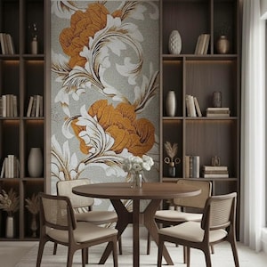 May include: A dining room scene featuring a round wooden table and four chairs with woven backs. A floral mosaic adorns the wall, with built-in bookshelves on either side. The color palette includes warm browns, creams, and touches of gold.