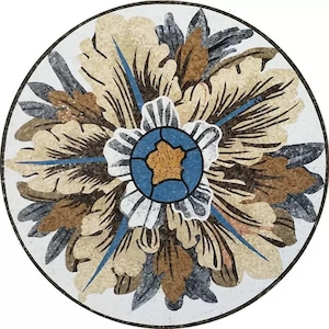 May include: Circular mosaic design featuring a floral pattern. The mosaic has a central blue and gold flower surrounded by beige, brown, and gray leaves and petals. The design is set against a white background.