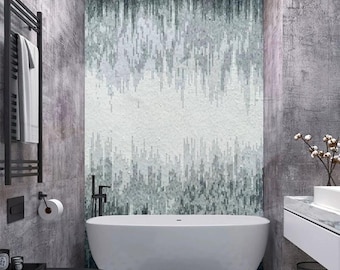 Mosaïque abstraite moderne grise et blanche - Décoration murale en carreaux de verre faite main - Mur décoratif de salle de bain