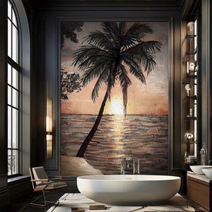 May include: A modern bathroom with a large mosaic artwork depicting a palm tree at sunset. The room features a white oval bathtub, a wooden chair, and dark grey walls. The artwork is the central feature, creating a relaxing atmosphere.