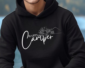 Bluza z kapturem kempingowa, bluza z kapturem Happy Camper, bluza z kapturem z nadrukiem Mountain Lake, koszula outdoorowa, sweter kempingowy, prezent dla miłośników przyrody na wędrówki dla obozowiczów