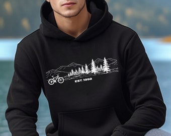 Mountain Bike Hoodie, Adventure Sweatshirt, Personalized Cycling Gift, MTB Mountain Trees Design, Outdoor Nature Lover, Birthday Christmas