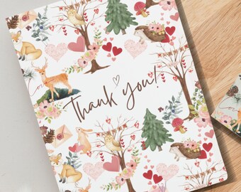 Baby Thank You Cards, Woodland Animals, Rustic Forest Floral Greenery Stationery, Baby Shower, Gender Reveal Party Favor, New Baby Boy Girl