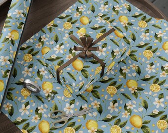 Lemon Wrapping Paper Roll, Blue Floral Gift Wrap, Citrus Fruit Pattern Birthday Wedding Holiday Wrapping Paper for Presents Summer Gift