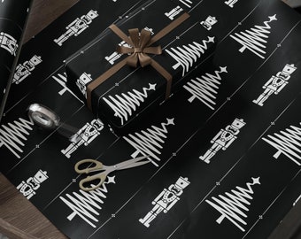Christmas Wrapping Paper, Nutcracker & Tree, Black White, Holiday Gift Wrap Roll for Presents, Winter Festive Wrap, Vintage Style Designs