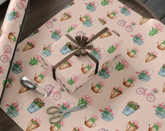 Pink Tulip Wrapping Paper, Floral Gift Wrap Roll For, Mothers Day Present Paper, Spring Flower Wrapping Paper for Birthday Wedding Gifts