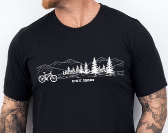 Mountain Bike T Shirt, Trees & Mountain Design, Personalized Cycling Shirt, MTB Graphic Tee, Outdoor Adventure Shirt, Unisex Biker Gift For