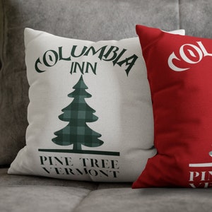 Columbia Inn Pine Tree Vermont Christmas Pillow, Green Plaid Design, White Christmas Movie Gift, Holiday Home Decor for Living Room or Sofa