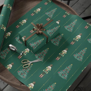 Nutcracker & Christmas Tree Wrapping Paper| Green Christmas Gift Wrap |Holiday Gift Wrap Roll| Winter Birthday Wrap| Vintage Christmas Wrap