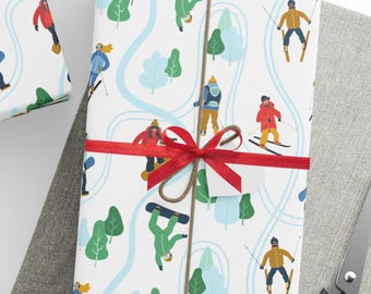 May include: White wrapping paper featuring a repeating pattern of skiers and snowboarders in colorful winter gear, green and light blue trees, and light blue paths. Each gift is wrapped with twine and tied with a bright red ribbon bow.