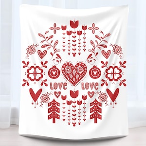 Valentines Skandinavische Volkskunst Decke | Norwegisch Schwedisches Nordisches Dekor| Valentinstag Wohnkultur | Niedliches Valentinstagsgeschenk