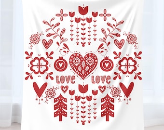 Scandinavian Folk Art Blanket, Nordic Winter Throw, Cozy Fleece Sofa Bed Blanket, Valentines Love Blanket Throw, Romantic Home Decor Gift