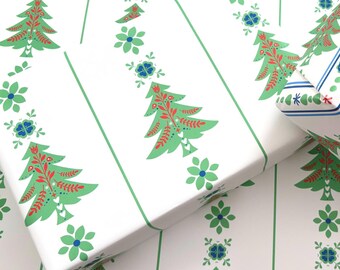 Christmas Wrapping Paper, Scandinavian Folk Art Tree Design, Holiday Gift Wrap Roll for Presents, Norwegian Swedish Paper, Green Blue Red