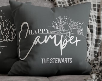 Personalisiertes Campingkissen, glückliches Camper Dekokissen, RV-Dekorkissen, graues Camping-Dekorkissen, individuelles Geschenk für Wohnmobilbesitzer-Campliebhaber