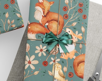 Papel de regalo para bebé: estampado de animales del bosque, papel de regalo para baby shower, rollo de regalo de cumpleaños para recién nacidos, niños pequeños y niños pequeños.