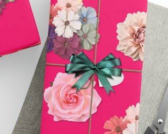 Florale Geschenkpapierrolle, Pink Blumen Geschenkpapierrolle, Geburtstag Muttertag Valentinstag Hochzeit Geschenkpapier für Geschenke, Blumenmusterpapier