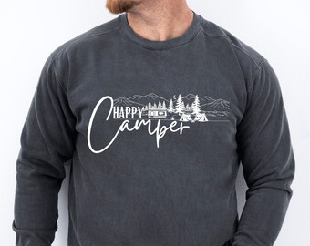 Camping Sweatshirt, Happy Camper Sweatshirt, Outdoor Camping Lover Gift, Mountain RV Camp Crewneck, Cozy Hiking Pullover, Campfire Shirt