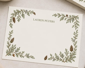 Personalized Stationery Set Custom Name Note Cards Nature Lover Gift Cedar Botanical Writing Paper Forest Correspondence Wood Letter Writing