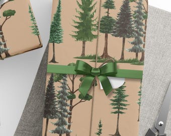 Wrapping Paper, Toile Style, Evergreen Forest, Spruce, Pine & Conifer Trees, Holiday Gift Wrap Roll, Rustic Winter Packaging, Present Wrap