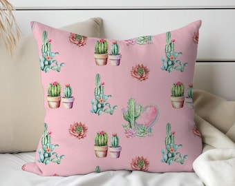 Pillow - Pink Cactus Western Home Decor, Plant Lover Gift, Boho Desert Throw Pillow, Succulent Cushion Room Accent, Southwest Style