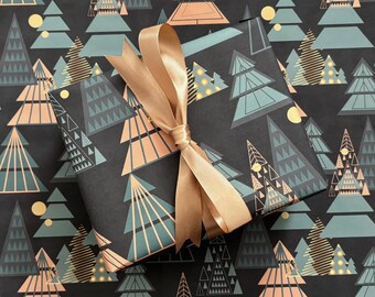 Papel de embrulho preto para Natal, papel de embrulho moderno para presentes de Natal, rolo de papel de embrulho com estampa de árvore na floresta, papel de embrulho luxuoso para presentes de Natal para homens.