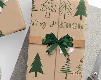 Papel de regalo navideño, papel de regalo con diseño de árbol verde beige, rollo de papel de regalo navideño alegre y brillante, rollo de papel de regalo navideño neutro, rollo de Navidad