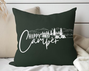 Personalized Camping Pillow, Happy Camper Throw Pillow, RV Decor Cushion, Forest Green Camping Decor, Custom Gift for RV Owners Camp Lovers