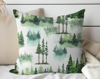 Cojín decorativo para sofá y sala de estar – Estampado de acuarela de árbol de hoja perenne en el bosque, cojín decorativo de bosque, regalo de decoración para el hogar inspirado en la naturaleza